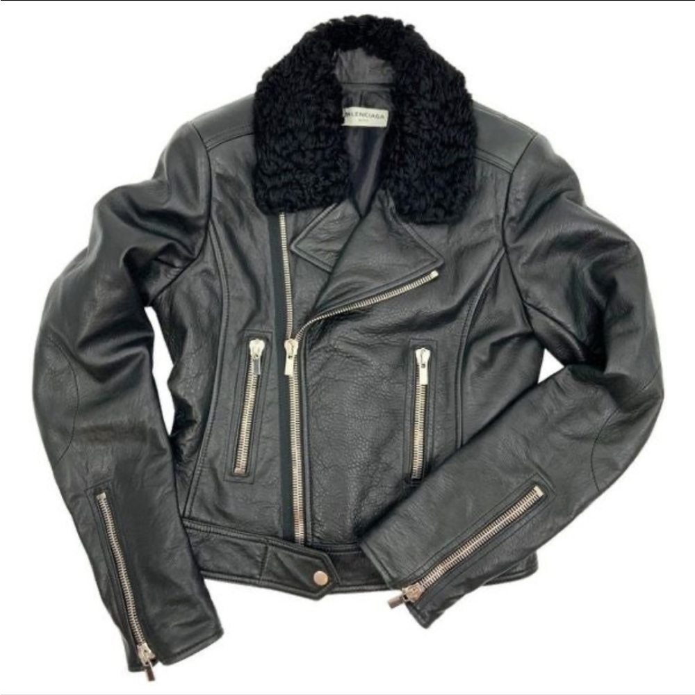 Balenciaga moto leather jacket with shearling collar